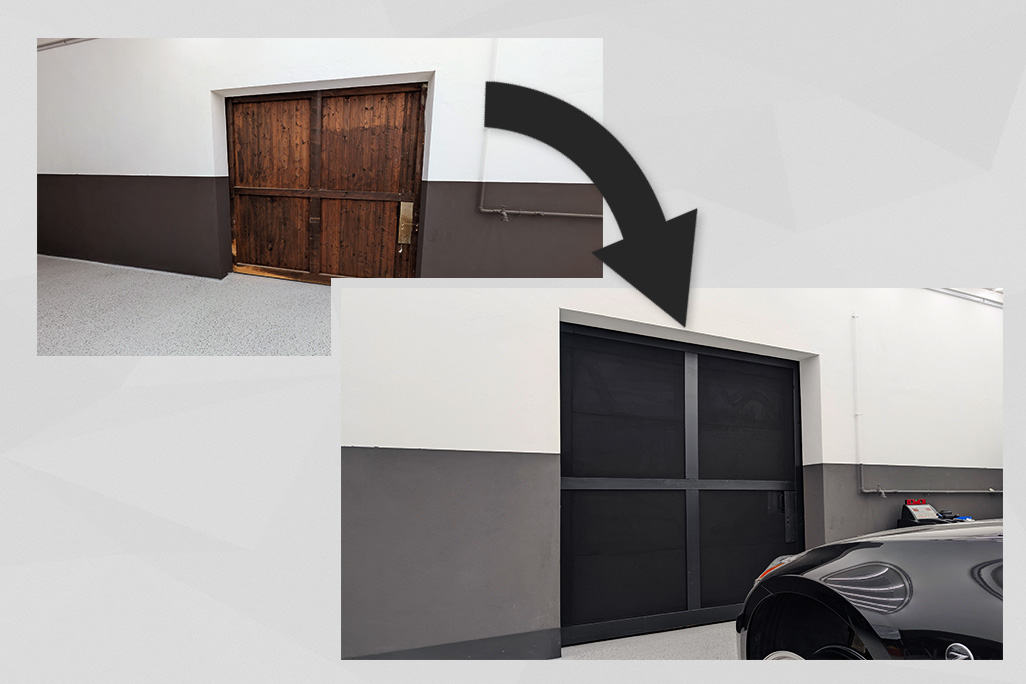 Vorher-Nachher von schwarzen Schaumstoffplatten an einer Holztür