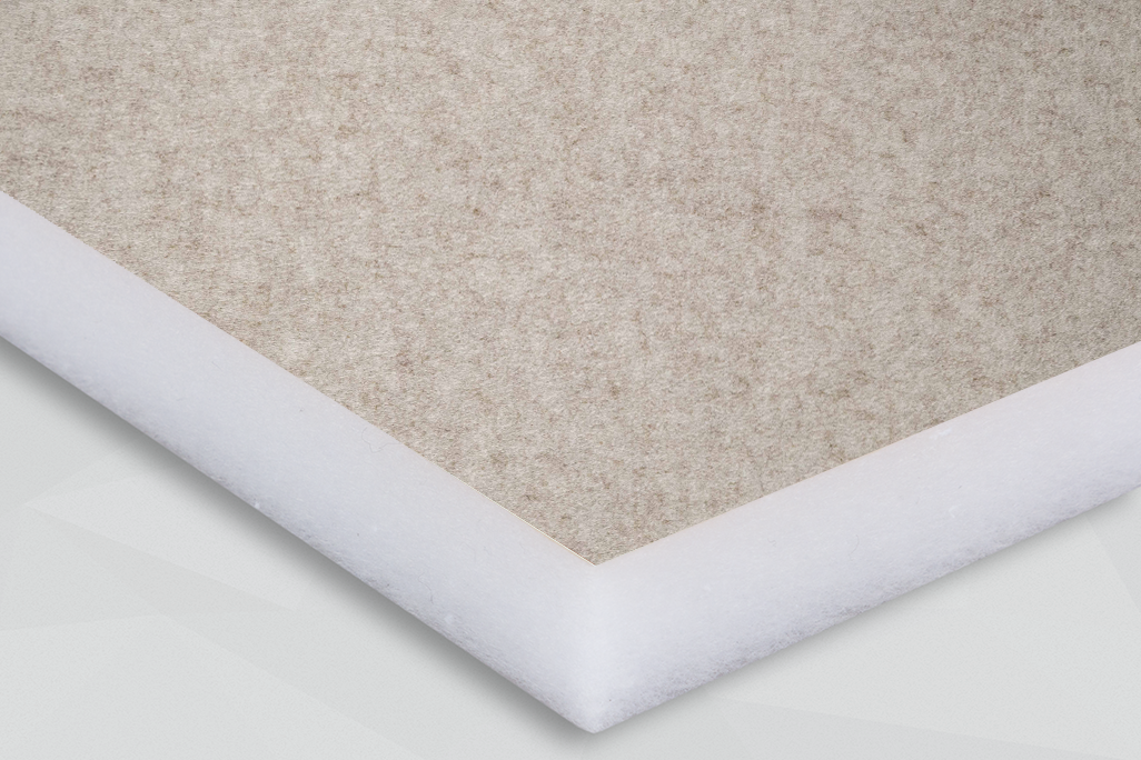 White PES fleece panel, horizontal, with a mottled felt surface in the color greige