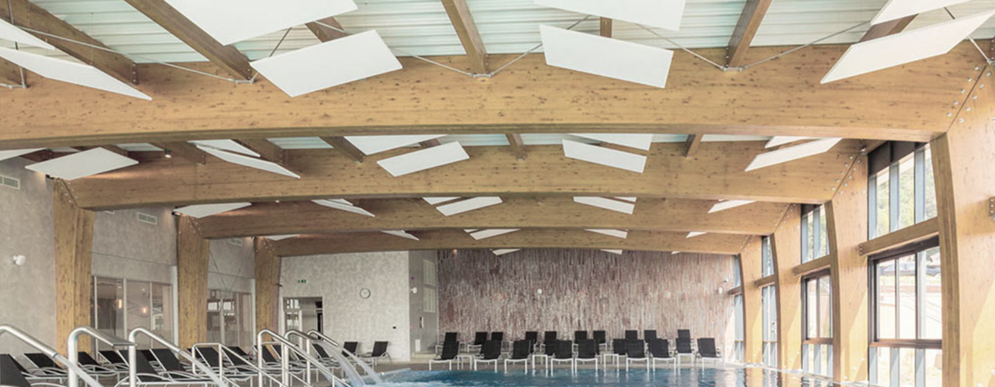 PE foam panels soni RESIST for sound insulation and damping attached to the ceiling in an indoor swimming pool