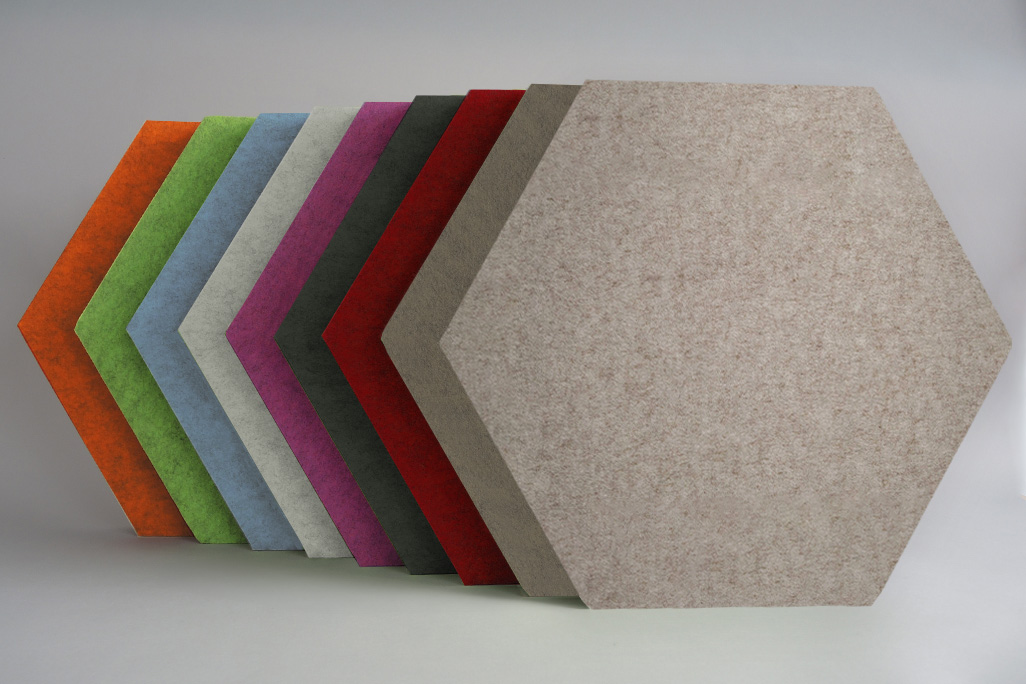 9 acoustic elements in different colors in the shape of a hexagon (soni ELEMENT HEXAGON) next to each other