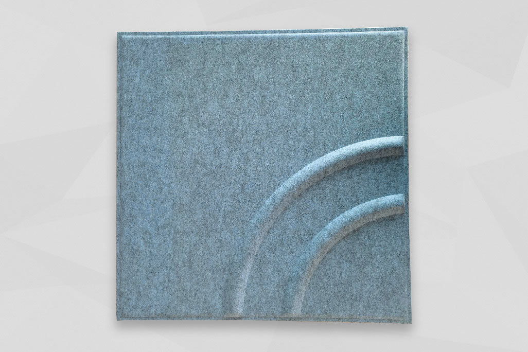 Rectangular grid ceiling insert in blue soni COLOR design photographed against a gray background